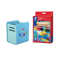 STAEDTLER Luna Jumbo 24 色鉛筆 + Deli 筆筒套組, ★顏色（外露，必填）：藍+綠（筆筒）、彩色鉛筆（混色）, 1套
