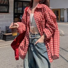 DMELD 女性寬鬆版型日常換季格紋長袖襯衫