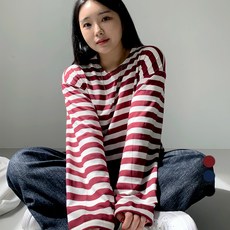 102102 여성용 빅사이즈 루즈핏 단가라 긴팔 티셔츠