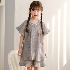 JJiniya 女童透氣風格格紋強撚紗純棉睡衣短袖上下套裝