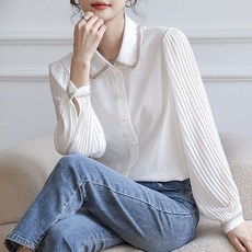 LUNAGIRL 毛呢邊領壓褶長袖襯衫