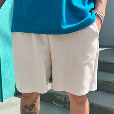 Fivelarge 男士透氣大尺碼鬆緊帶亞麻寬版短褲
