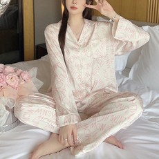 안나앤코 여성용 레터링 실크 긴팔 파자마 상하의 세트