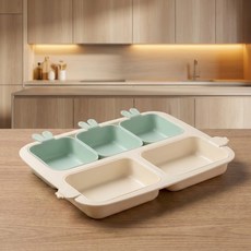 nestique 幼兒用兔子系列單格餐盤 + 兔子碗3入 + 胡蘿蔔碗2入組合, 薄荷綠, 1套, 餐盤 + 兔子碗3入 + 胡蘿蔔碗2入