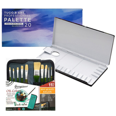 TUCO.B 高級鋁製美術調色盤+油畫筆刷 10款+拉鍊袋組, 1組, 20格