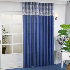 NASANDECO 抓皺刺繡亞麻窗簾2件組, 海軍藍, 白色, 隨機出貨(窗簾綁帶)