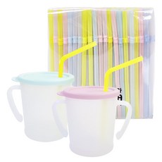 AGAFURA 兒童用吸管杯 300ml 2入+專用吸管 200入組, 薄荷綠+淡粉色, 1組