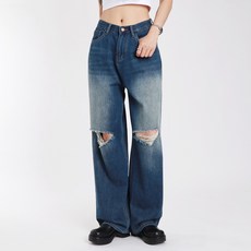 힙앤핏 여성용 레트로 빈티지 샌드워싱 무릎트임 와이드 청바지 숏