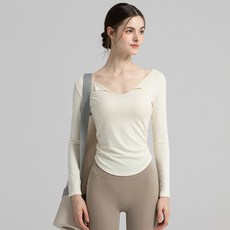 씨오브비 여성용 브이넥 긴팔 필라테스 셔링 티셔츠