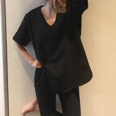 구디프 여성용 딥U넥 슬릿 롱 반팔 티셔츠