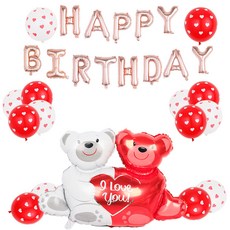 곰돌이 생일 파티 풍선 세트, 레드 + 핑크 + 화이트, 1세트