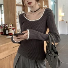 德芙洛商務 女款女神版型荷葉邊修身羅紋長袖針織衫