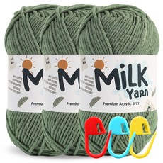 니뜨 밀크얀 뜨개실 50g x 3p + 단수링 3p 세트, 1세트, 74 라이트카키