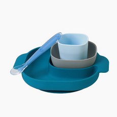 幼兒吸附式餐盤餐具4件組, 土耳其藍, 杯子+湯匙+餐盤+碗