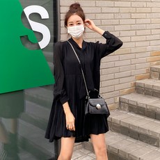 헤링본 긴팔 쉬폰 플리츠 미니 원피스 HD018