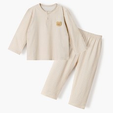 unifriend 兒童迷你格紋蜜桃絨保暖九分刷毛睡衣上下套裝