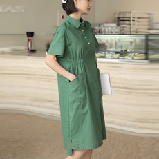 빼빼 여성용 통기성 사이드 밴딩 카라넥 린넨터치 미디 원피스