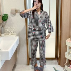 女性孕婦交叉綁帶格紋櫻桃睡衣上下套裝