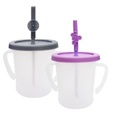 AGAFURA Magic系列雙耳防漏吸管杯 S 300ml 2入+水果造型矽膠護嘴套 2入 隨機出貨, 灰色+紫色, 1組