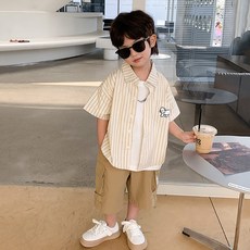 Ambbkids 男童小狗口袋條紋短袖襯衫