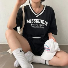 메이첼 여성용 스포라 배색 포인트 루즈핏 티셔츠 + 반바지 세트 10623