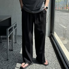 Meosidda 男女通用 純亞麻 寬版 細褶 鬆緊帶 長褲