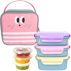 Lollimon 雙層不鏽鋼便當盒 飯盒 + 菜盒 2入 + 醬料盒 隨機出貨 3入 + 提袋套組, 粉紅色, 1套
