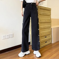 구디프 여성용 하이 웨스트 사이드버튼 트임 청바지