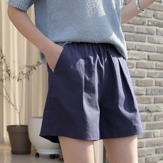 빼빼 여성용 통기성 허리밴딩 4부 핀턱 포켓 와이드 린넨 반바지