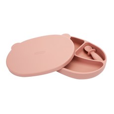 Edison 愛迪生 小熊款 矽膠吸附式餐盤組, 粉色, 餐盤*1入+盤子*1入+湯匙*1入, 1組