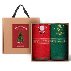 Songwol 松月 Holly Cotton 聖誕飯店毛巾 140g 30支棉紗 2款 + 牛皮紙盒組, 紅色聖誕老人, 綠色聖誕樹, 1套