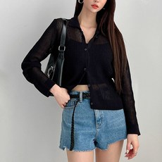 뜨개진 여성용 린넨 시스루 카라 브란치 가디건