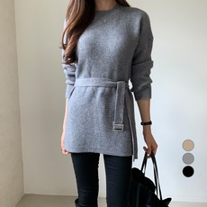 무드인더 여성용 라운드넥 허리 벨트 니트