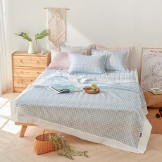 LaMonte 格紋圖案印花薄被+床墊, 藍色