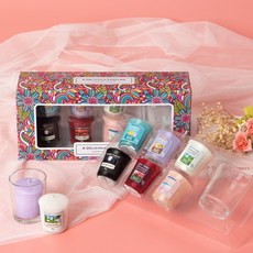 YANKEE CANDLE 許願蠟燭禮盒, 巴哈馬微風、黑櫻桃、潔淨棉、檸檬薰衣草、仲夏夜、粉紅沙, 燭台 透明色