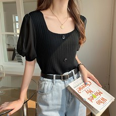 Lemon Soul 女款Sally方領泡泡袖針織短袖T恤