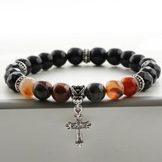Shoveoff 條紋瑪瑙十字架黑瑪瑙串珠手鍊 8mm C22SVB-1003