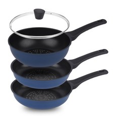 Kitchen-Art IH電磁爐適用優質柔色鍋具4件組, 深藍色, 平底鍋 20cm 2入+炒鍋 20cm+玻璃鍋蓋 20cm, 1組
