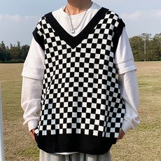 男士街頭棋盤格寬鬆休閒針織背心