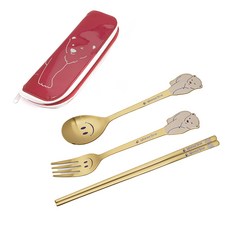 Table Art 孩童北極熊造型餐具4件組, 霧面金色, 湯匙+筷子+叉子+餐具袋