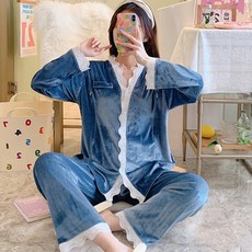 孕婦蕾絲奢華天鵝絨兩件式哺乳睡衣