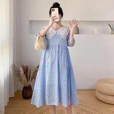 PANG PANG SHOP 孕婦蕾絲領印花連身裙