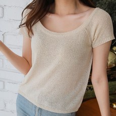 뜨개진 여성용 부클 캡소매 라운드넥 반팔 클라멘 니트