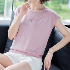 아뗄릭 여성용 데일리 가오리 루즈핏 포인트 큐빅 숏 니트 반팔 티셔츠 13807