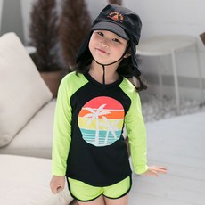 GOING KIDS 童款棕櫚樹印花防曬泳衣+短泳褲+遮陽帽組