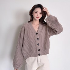 더시럽 여성용 V넥 와이드 짜임 벌룬 긴팔 가디건