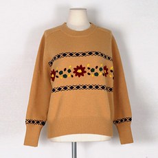 여성용 플라워 자수 라운드 울 니트