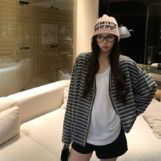 PEONIST 女款休閒感性風寬鬆條紋開襟衫