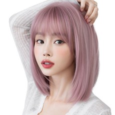 HiYuni 櫻花粉中短髮 短髮 全頂假髮 36cm + 髮網 + 支架套組, 1個, 櫻花粉(假髮), 隨機出貨(支架)