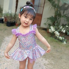 스타빈 여아용 반짝인어 원피스 수영복 + 모자 세트